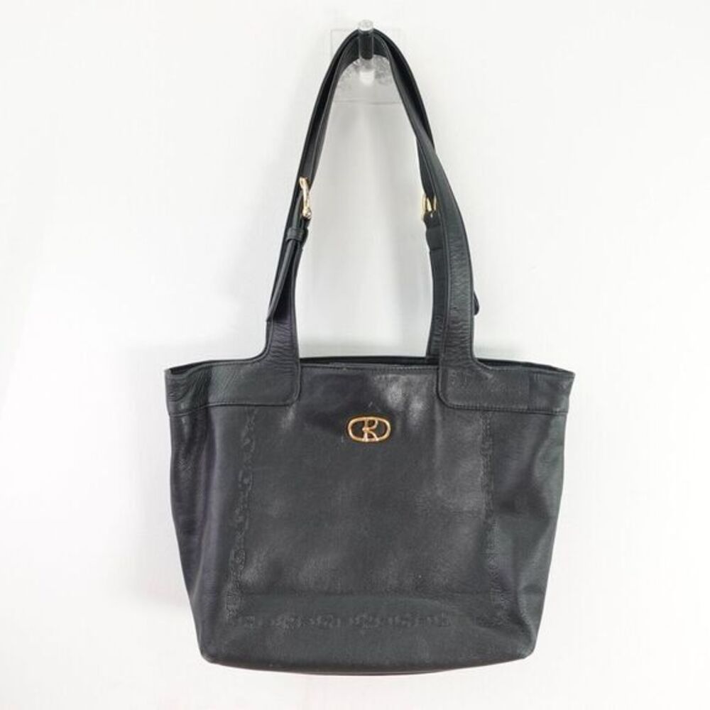 Black Leather Bag Medium Tote Retro Monogram ITALY VINTAGE Roberta di Camerino